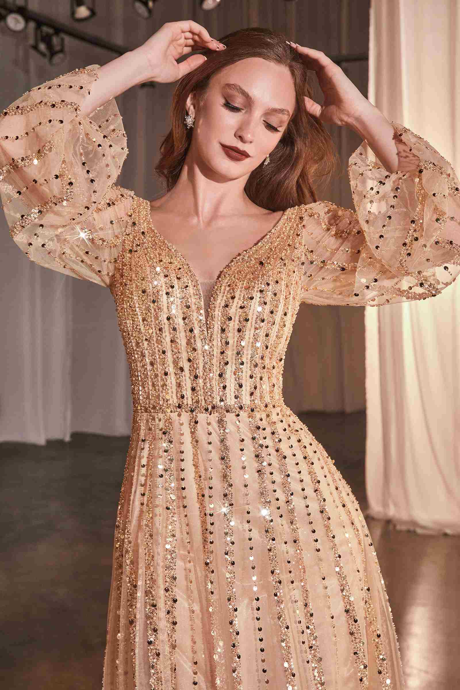 Ladivine CD0240 Dress Long Sleeve A-Line Beaded Gown by DiscountDressShop