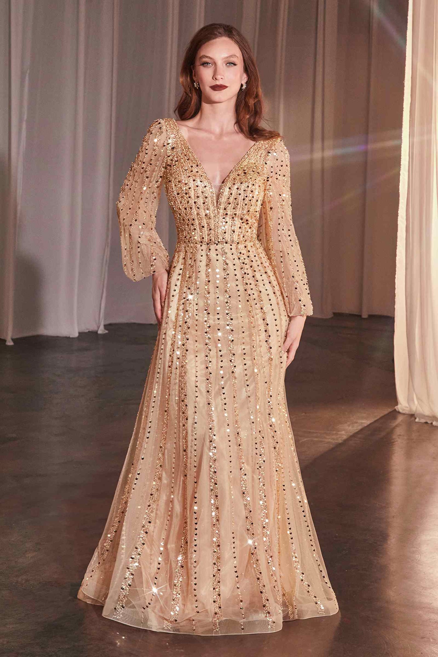 Ladivine CD0240 Dress Long Sleeve A-Line Beaded Gown by DiscountDressShop