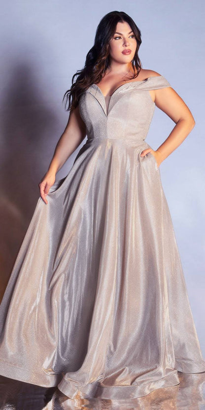 Cinderella Divine CD210C Off The Shoulder A-Line Gown Metallic Glitter by DiscountDressShop
