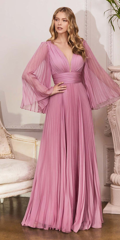Cinderella Divine CD242C Pleated Chiffon Long Sleeve Gown by DiscountDressShop