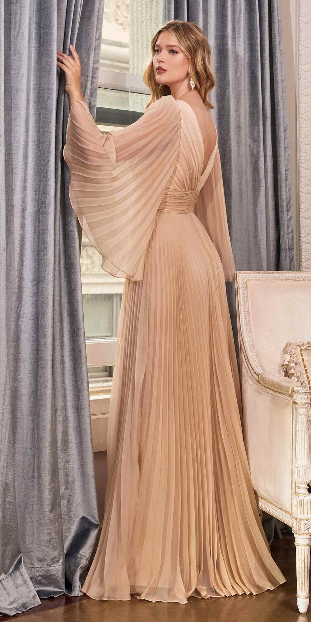 Cinderella Divine CD242C Pleated Chiffon Long Sleeve Gown by DiscountDressShop