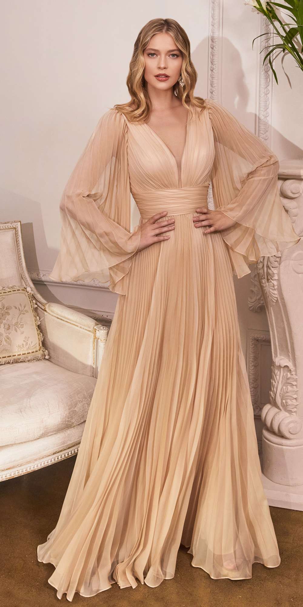 Cinderella Divine CD242C Pleated Chiffon Long Sleeve Gown by DiscountDressShop