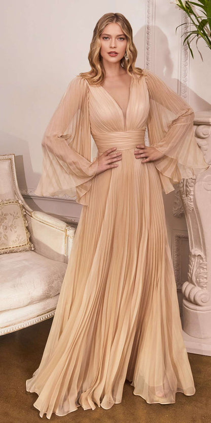 Cinderella Divine CD242C Pleated Chiffon Long Sleeve Gown by DiscountDressShop