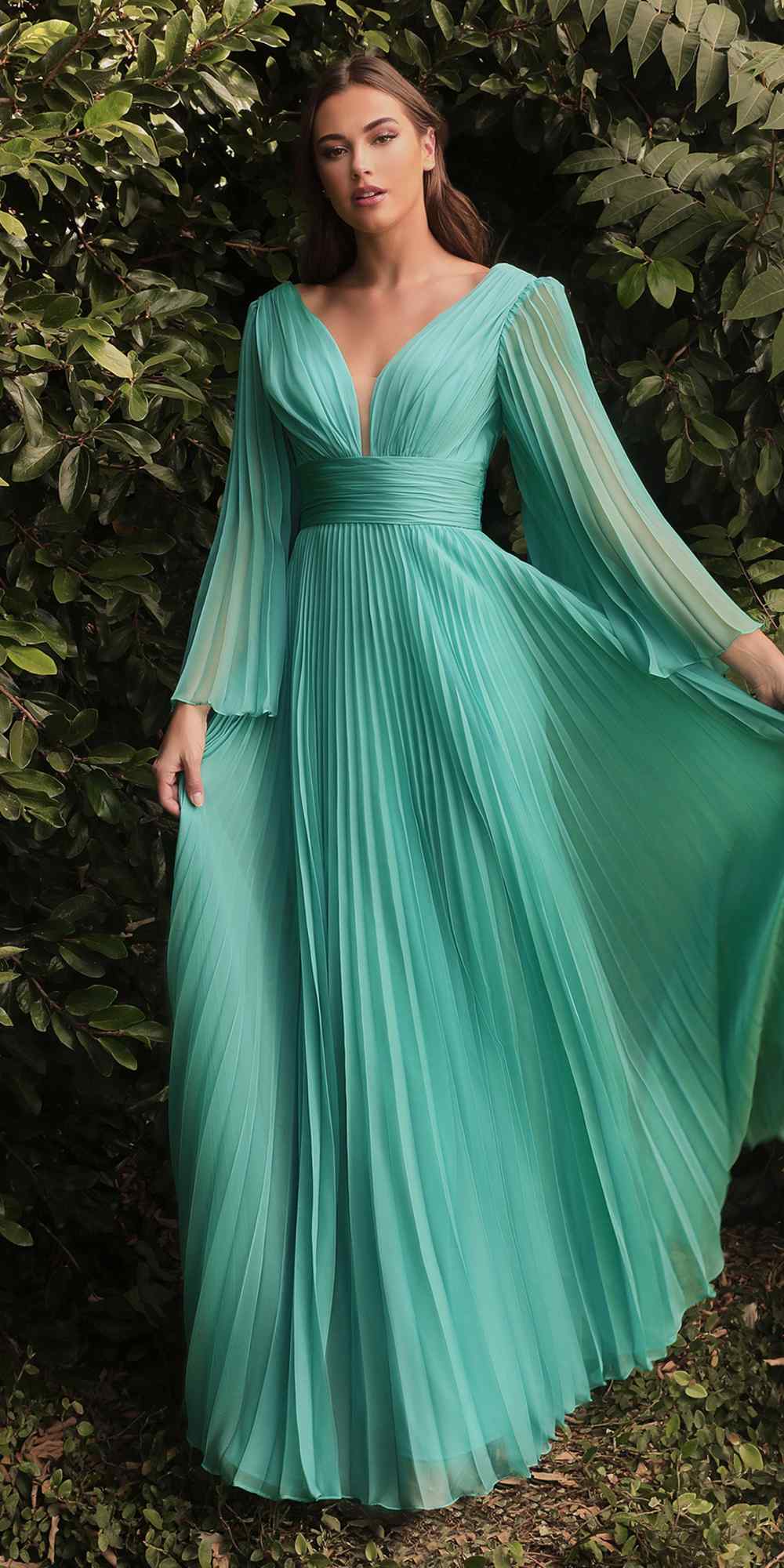 Cinderella Divine CD242 Pleated Chiffon Long Sleeve Gown by DiscountDressShop