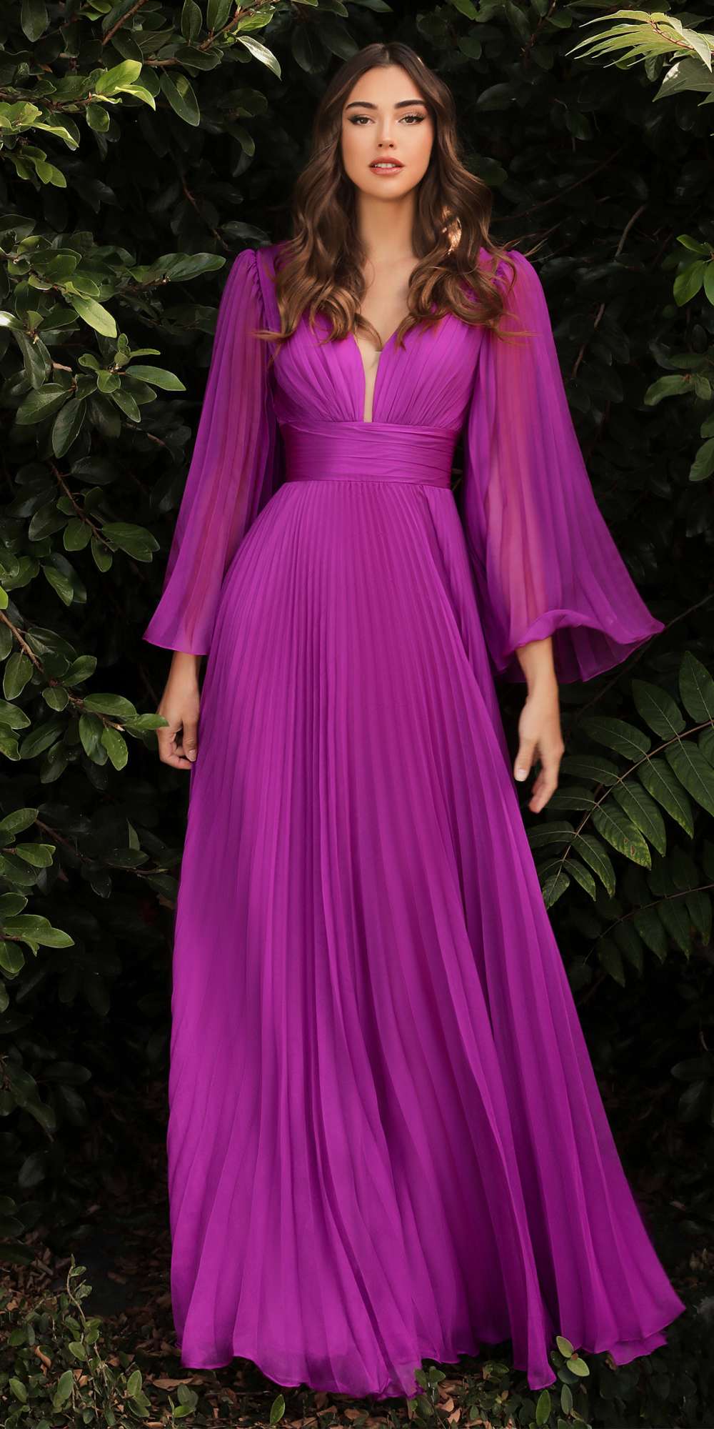 Cinderella Divine CD242 Pleated Chiffon Long Sleeve Gown by DiscountDressShop