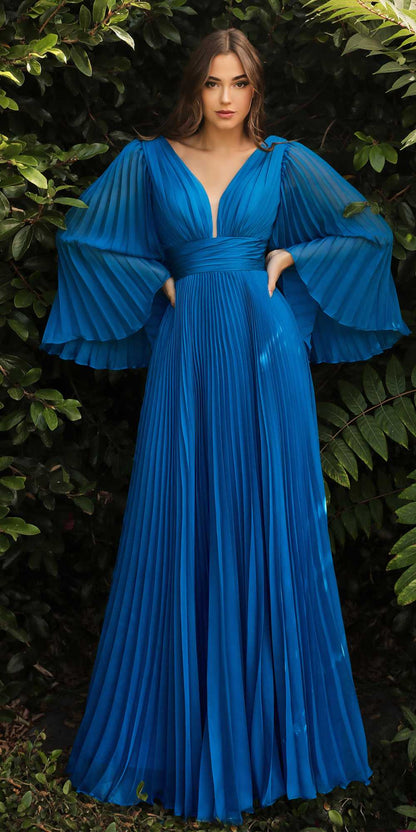 Cinderella Divine CD242C Pleated Chiffon Long Sleeve Gown by DiscountDressShop