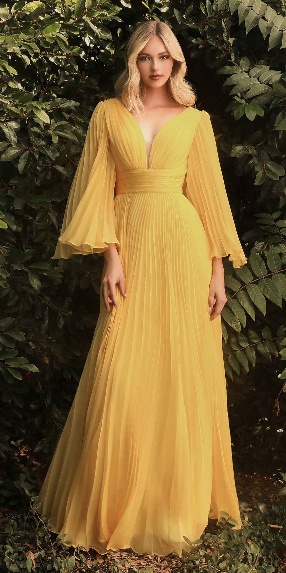 Cinderella Divine CD242 Pleated Chiffon Long Sleeve Gown by DiscountDressShop