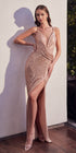 Ladivine CD279 Long Draped Fitted Sequin Formal Gown with Slit by DiscountDressShop