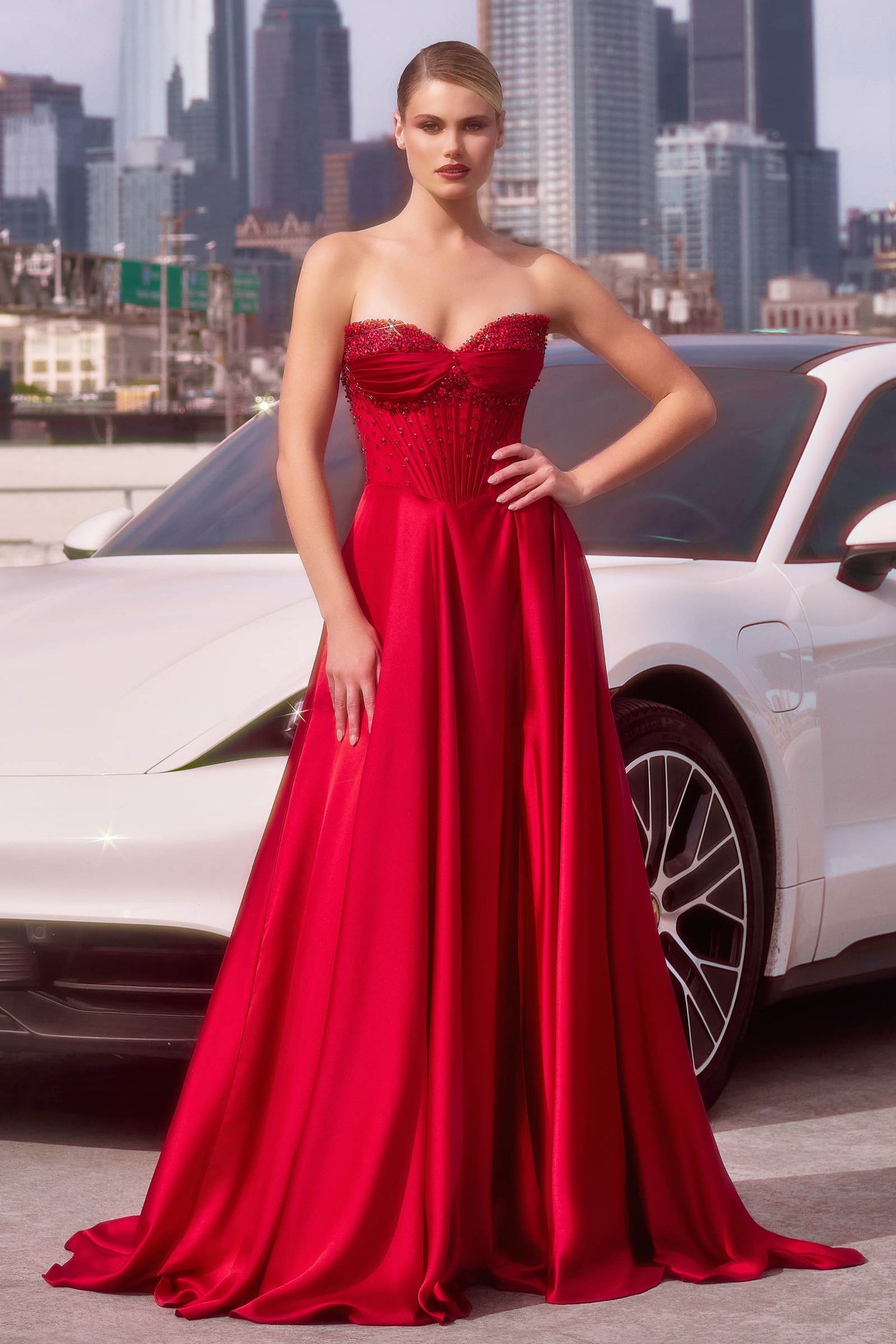 Ladivine CD297 Dress Strapless Beaded Satin A-Line Prom Gown by DiscountDressShop