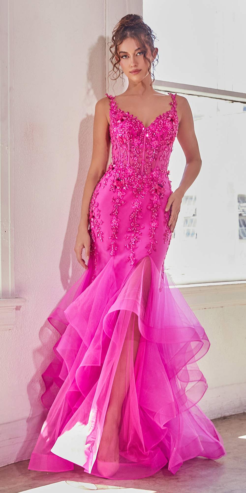 Ladivine CD331 Long Fuchsia Mermaid Embellished Ruffle Skirt Gown by DiscountDressShop
