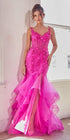 Ladivine CD331 Long Fuchsia Mermaid Embellished Ruffle Skirt Gown by DiscountDressShop