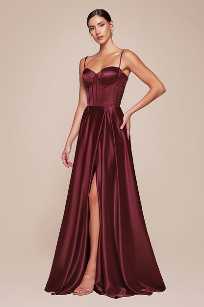 Ladivine CD337 Long A-Line Slit Satin Bustier Dress by DiscountDressShop