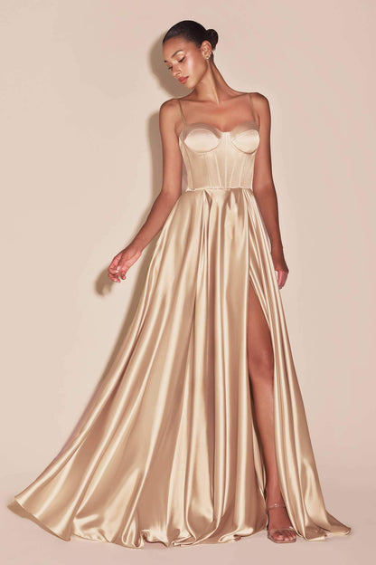 Ladivine CD337C Long A-Line Slit Satin Bustier Prom Dress by DiscountDressShop