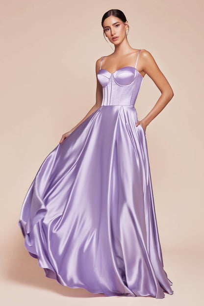 Ladivine CD337 Long A-Line Slit Satin Bustier Dress by DiscountDressShop