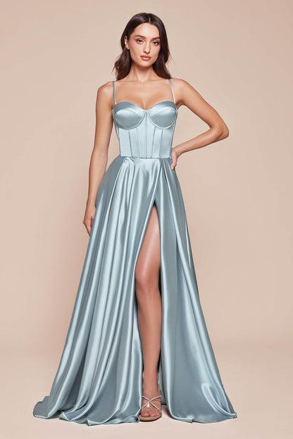Ladivine CD337 Long A-Line Slit Satin Bustier Dress by DiscountDressShop