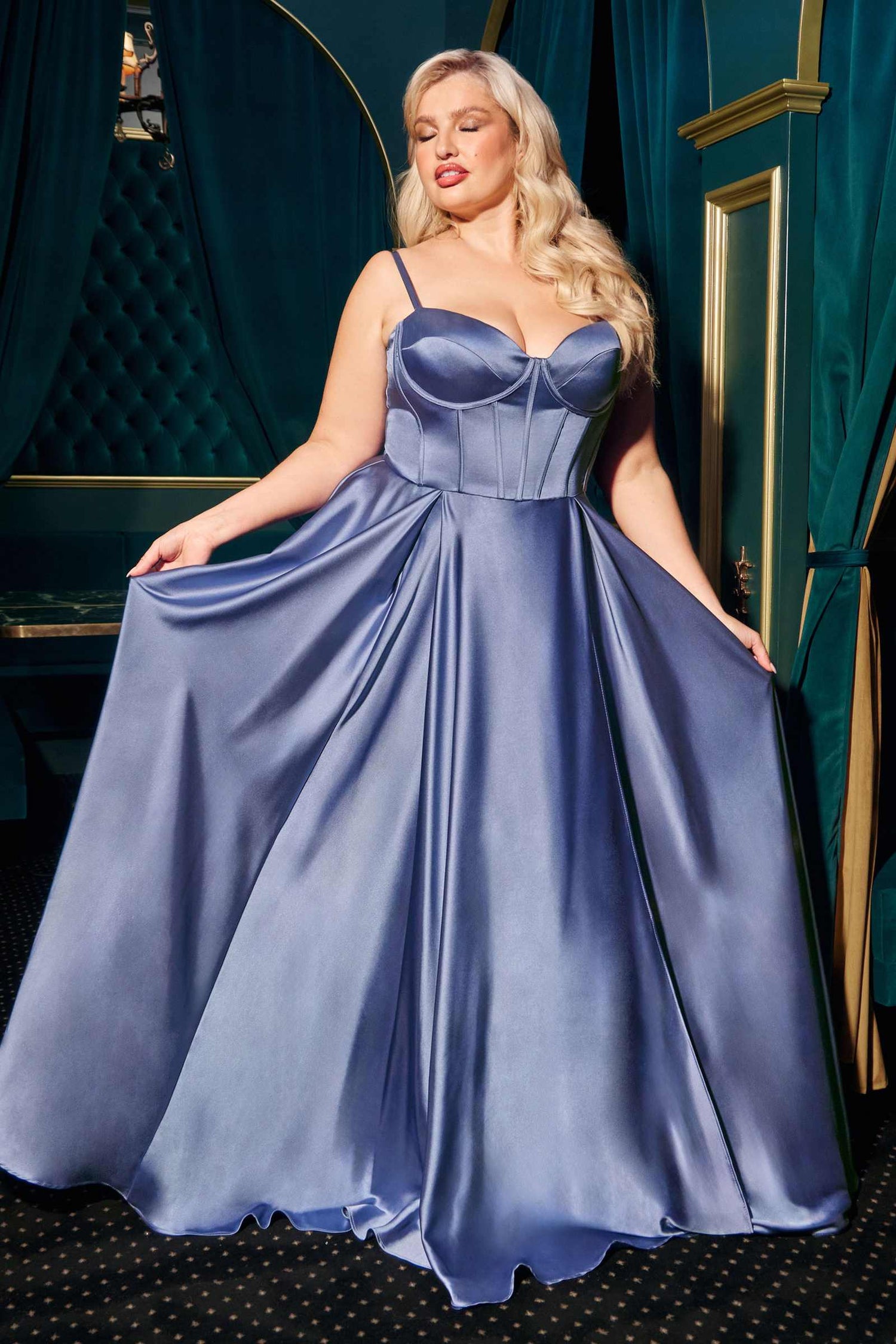 Ladivine CD337C Long A-Line Slit Satin Bustier Prom Dress by DiscountDressShop