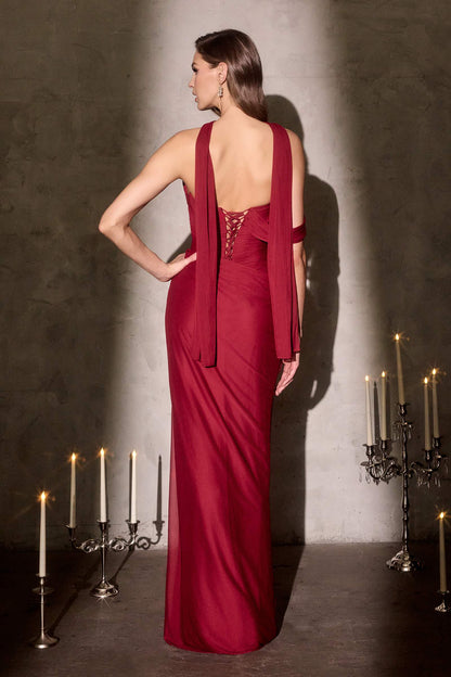 Ladivine CD406 Sculpted Pleated Bodice Lightweight Chiffon Fitted Gown by DiscountDressShop