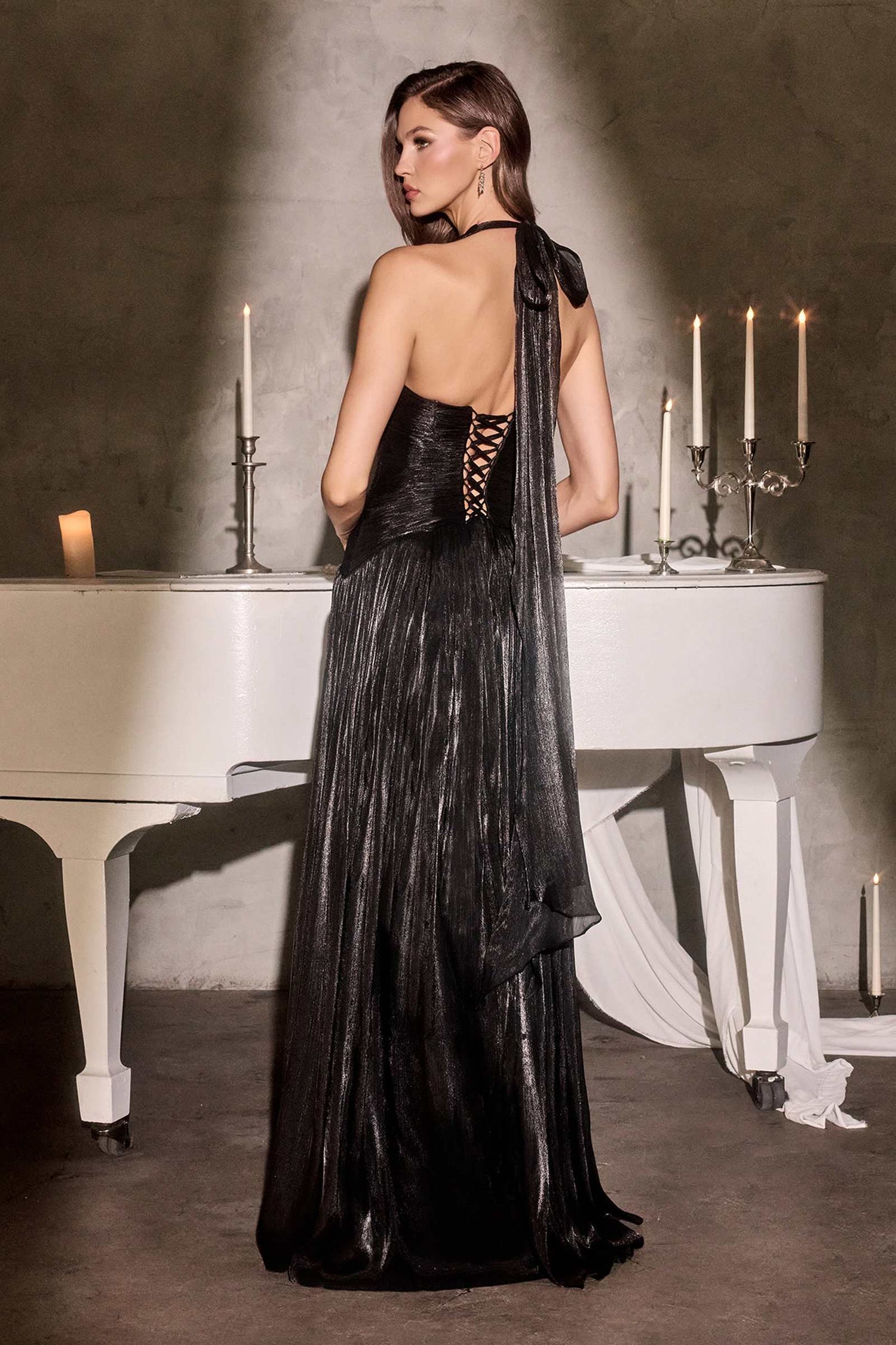Ladivine CD412 Elegant Plunging Halter Flowing A-Line Gown by DiscountDressShop