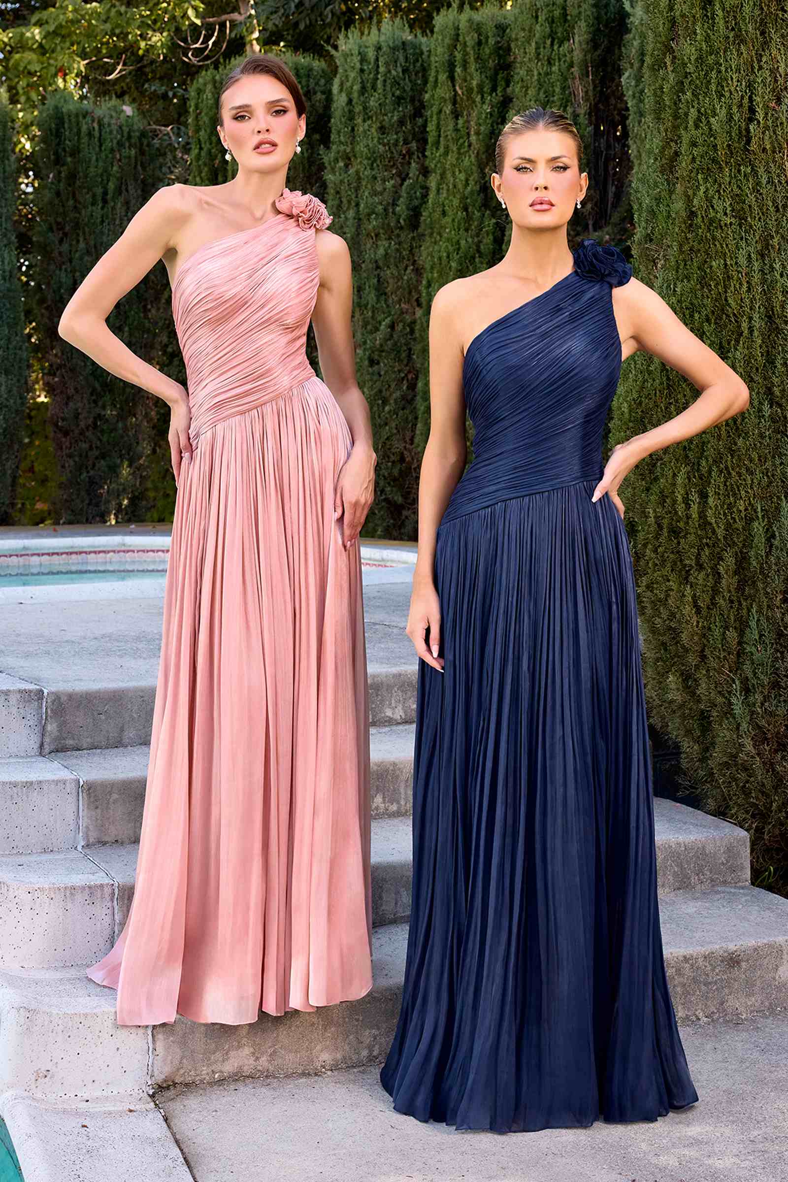 Ladivine CD415 One Shoulder Pleated Luminescent Chiffon Flowy Gown by DiscountDressShop