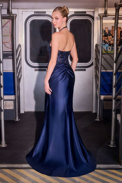 Ladivine CD690 Plunging Halter Neckline Beaded Stretch Satin Dress by DiscountDressShop