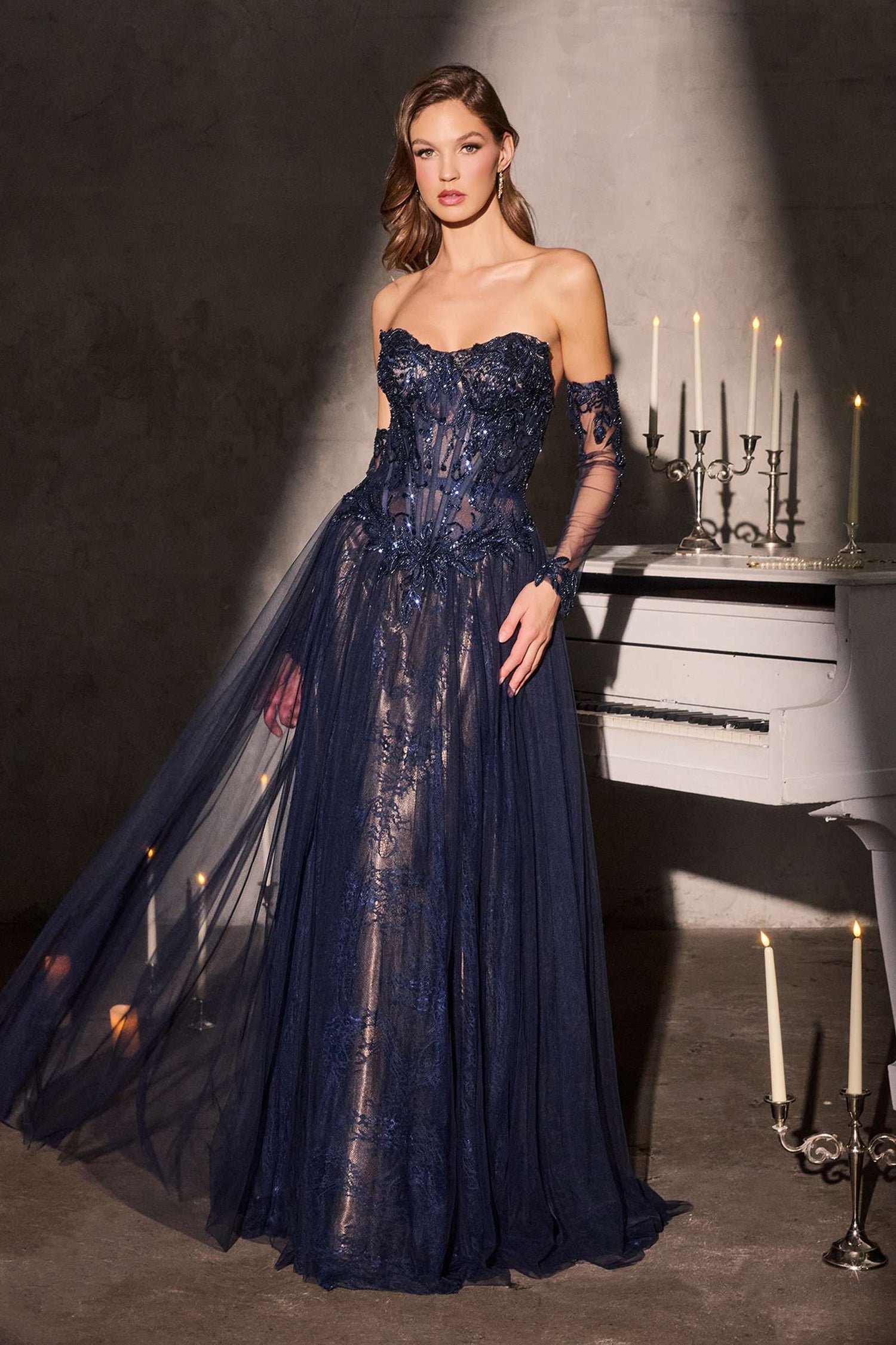 Ladivine CD717 Strapless A-Line Gown Lace Applique Tulle Skirt by DiscountDressShop