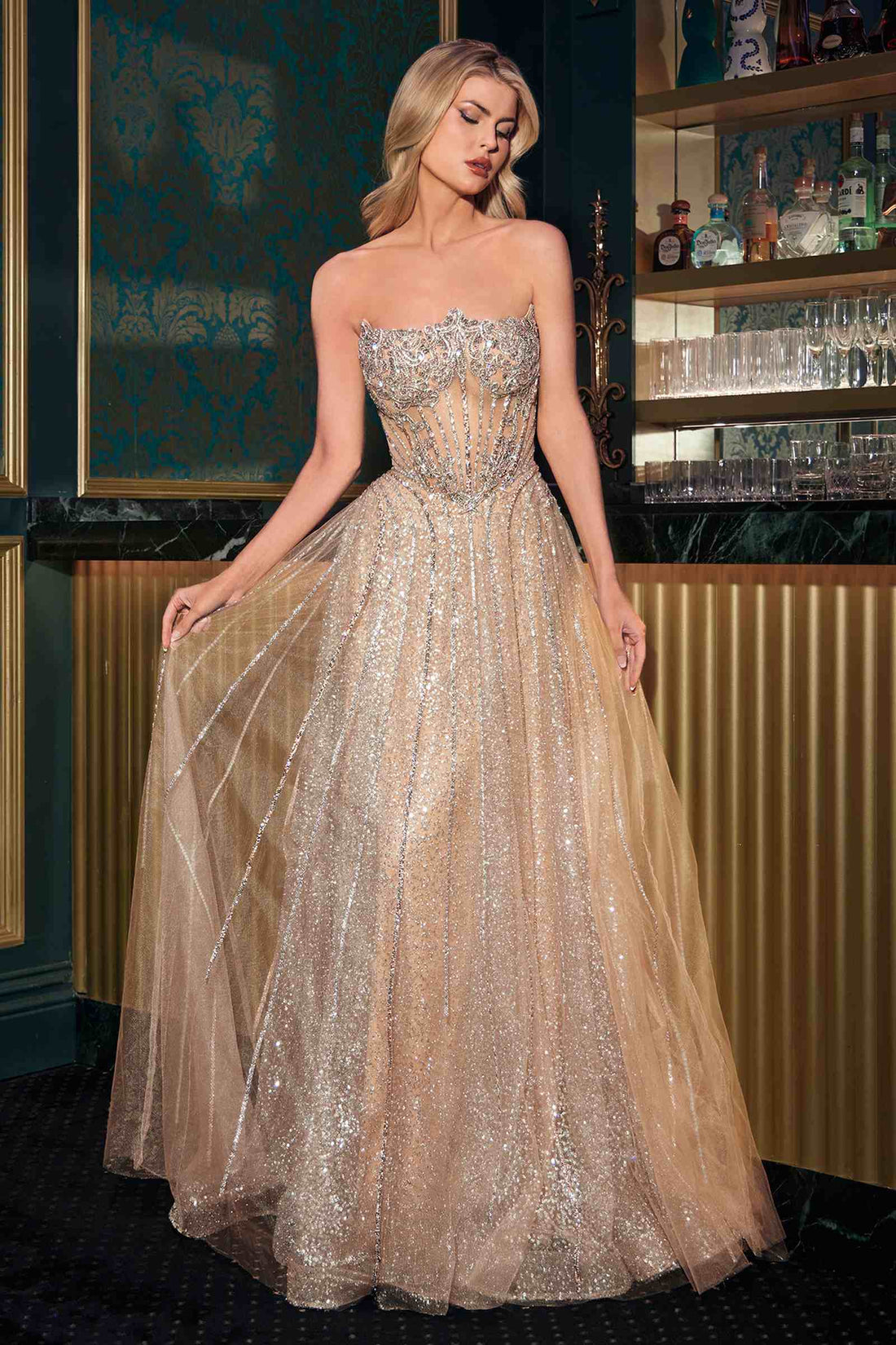 Ladivine CD724 Glitter A-Line Gown Strapless Sweetheart Crystal Beaded by DiscountDressShop