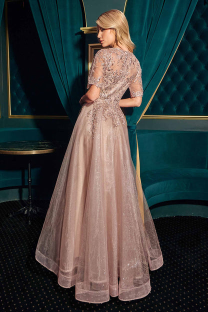 Ladivine CD726 Half Sleeve Mocha V-Neck A-Line Layered Glitter Gown by DiscountDressShop