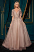 Ladivine CD726 Half Sleeve Mocha V-Neck A-Line Layered Glitter Gown by DiscountDressShop
