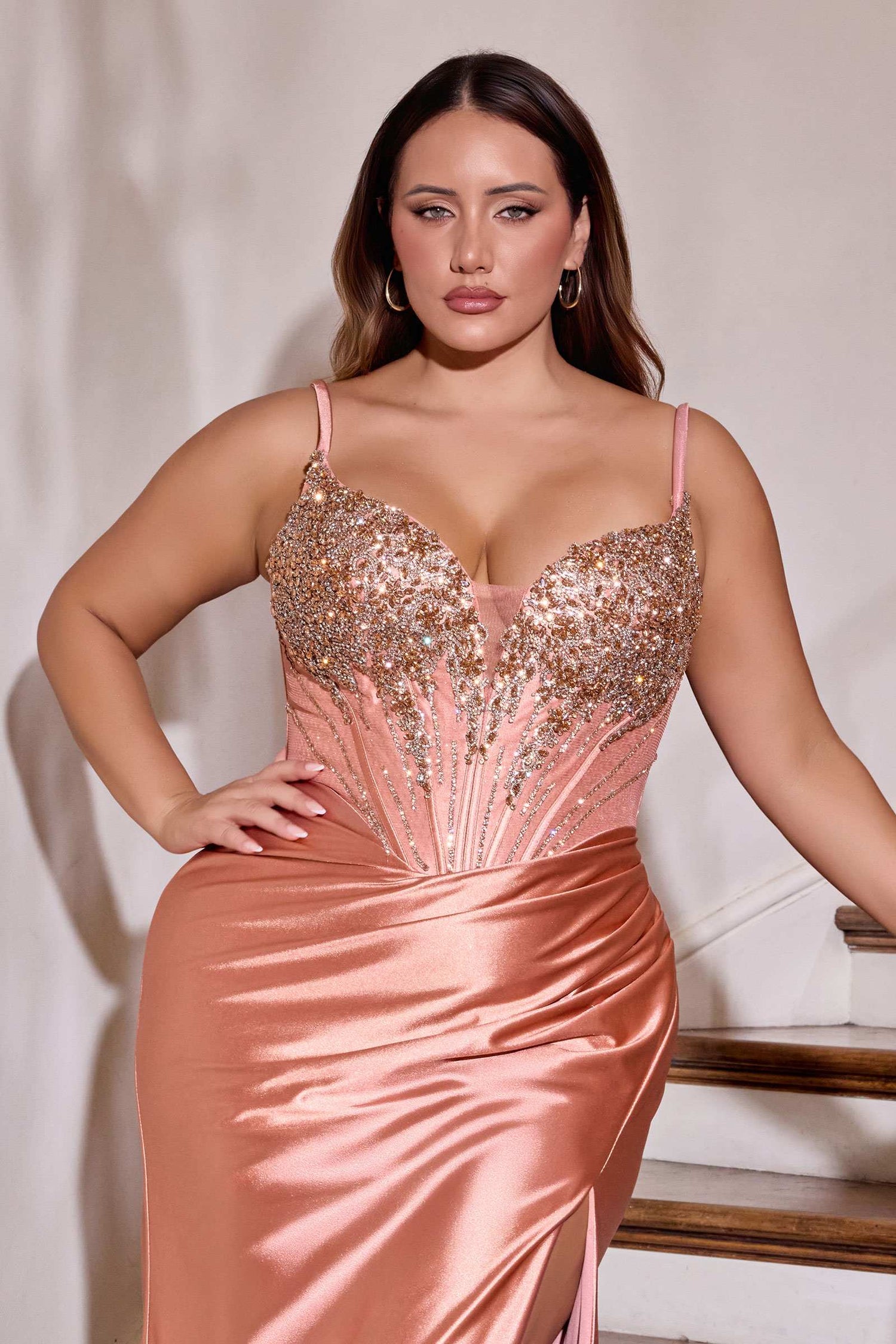 Ladivine CD729C Removable Off Shoulder Stretch Satin Plus Size Prom Gown by DiscountDressShop