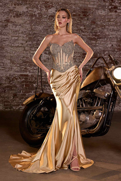 Ladivine CD736 Dress Crystal Strapless Fitted Satin Gown by DiscountDressShop