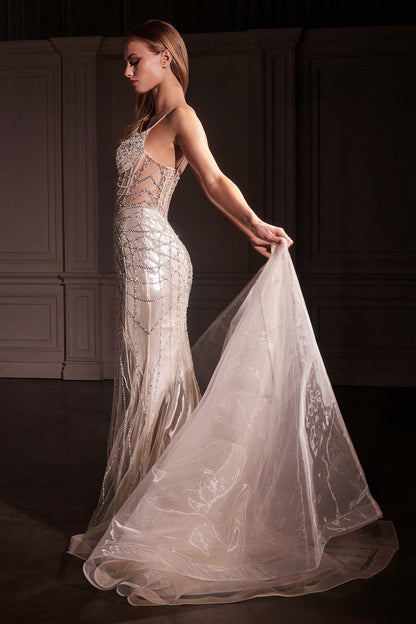 Ladivine CD763 Fit &amp; Flare Crystal Embellished Gown &amp; Overskirt by DiscountDressShop