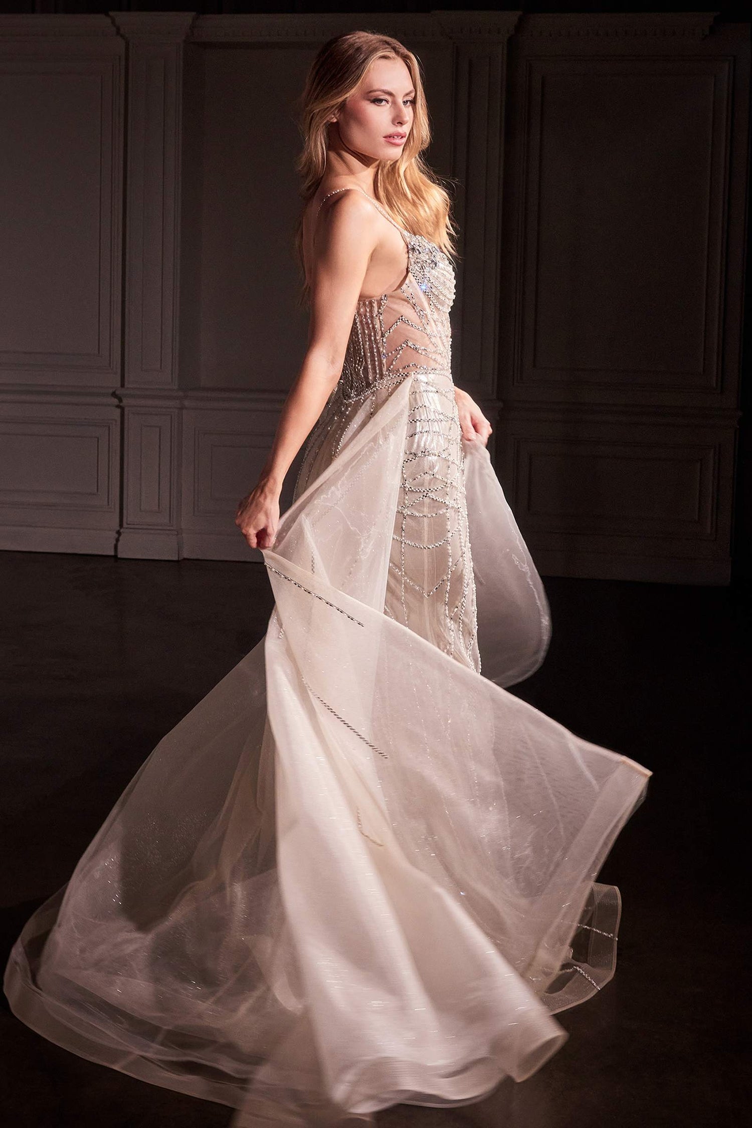 Ladivine CD763 Fit &amp; Flare Crystal Embellished Gown &amp; Overskirt by DiscountDressShop