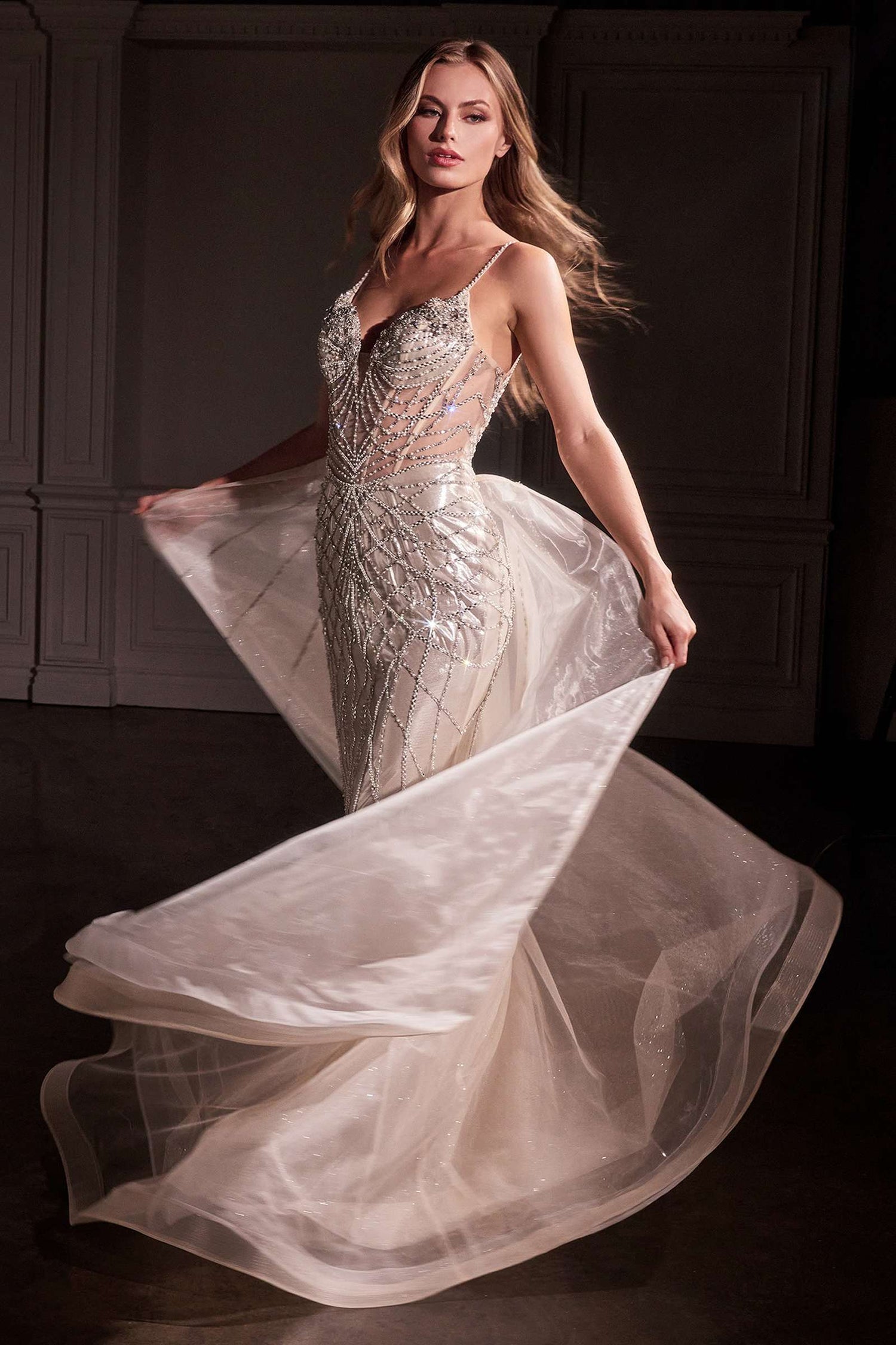 Ladivine CD763 Fit &amp; Flare Crystal Embellished Gown &amp; Overskirt by DiscountDressShop
