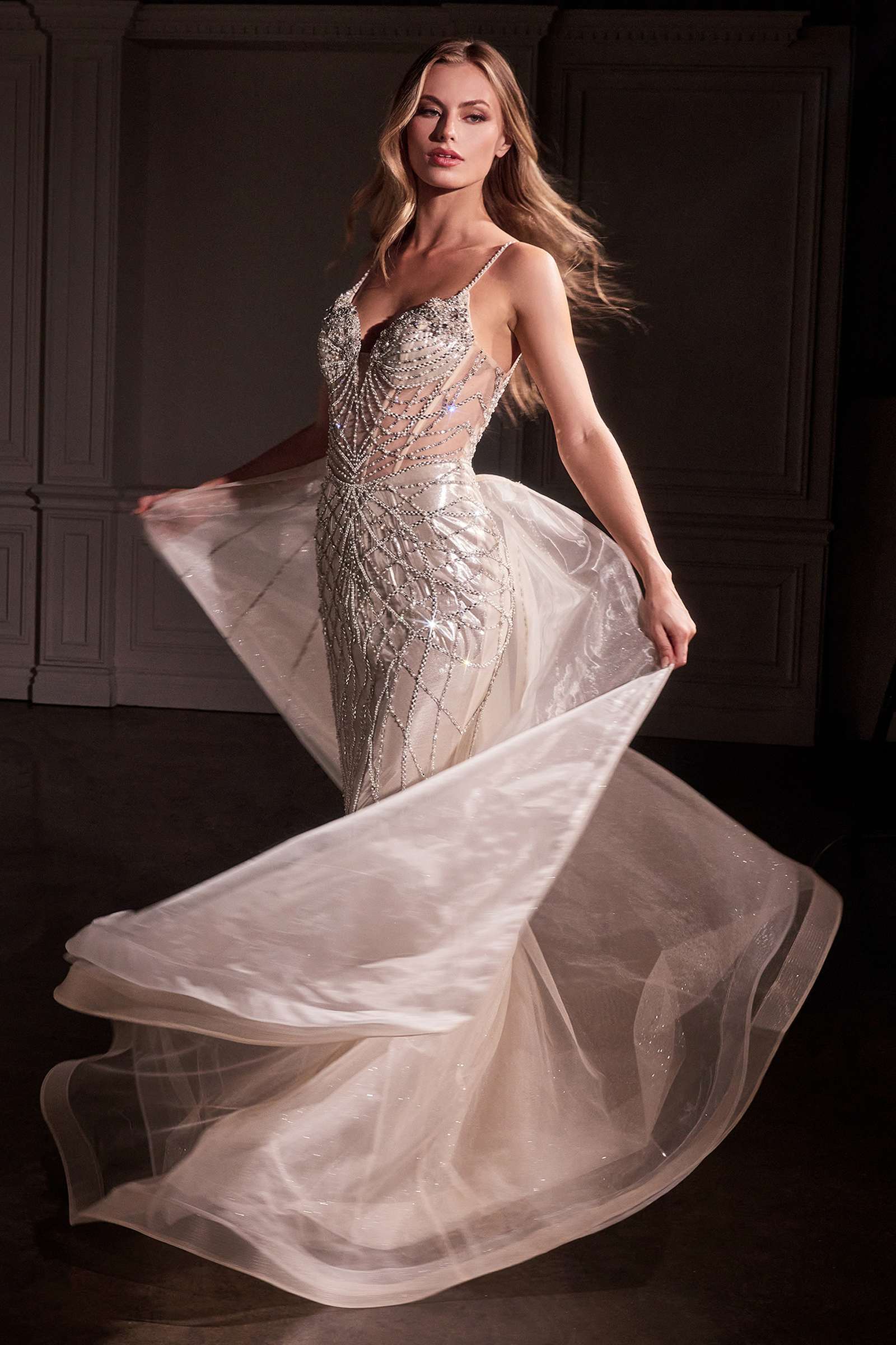 Ladivine CD763 Fit &amp; Flare Crystal Embellished Gown &amp; Overskirt by DiscountDressShop