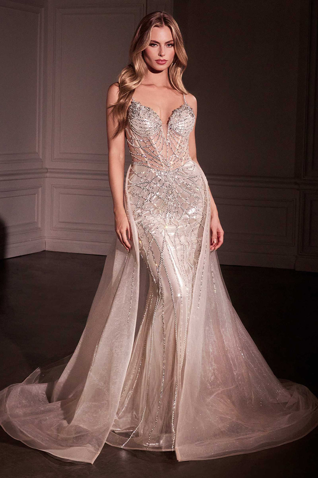 Ladivine CD763 Fit &amp; Flare Crystal Embellished Gown &amp; Overskirt by DiscountDressShop