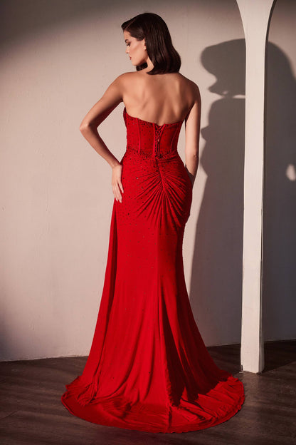 Ladivine CD770 Fitted Strapless Stretch Net Rhinestone Scattered Dress by DiscountDressShop