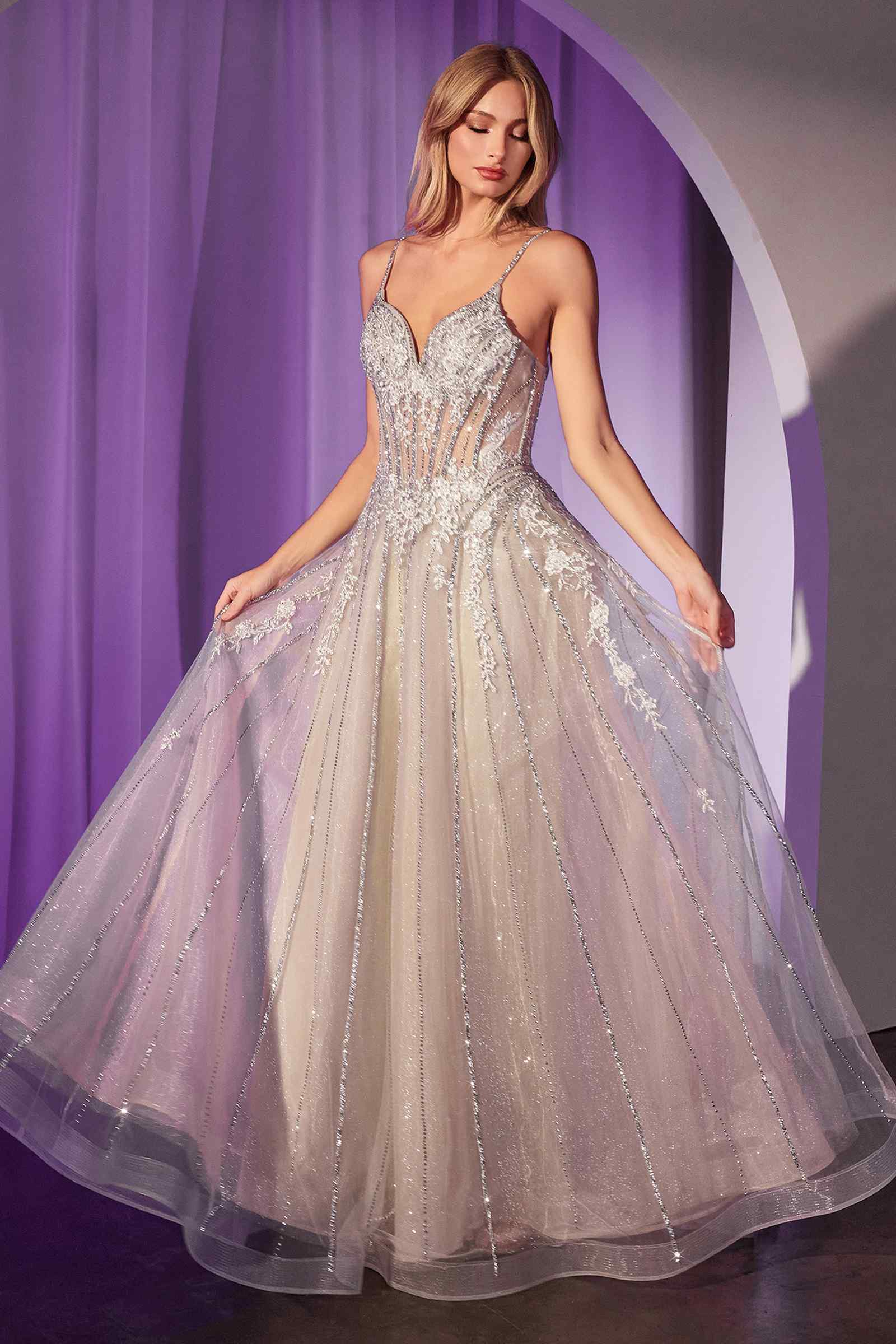 Ladivine CD786 Dress Crystal Embellished A-Line Tulle Gown by DiscountDressShop