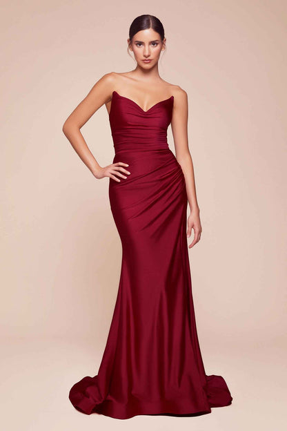 Ladivine CD791 Dress Strapless Stretch Satin Fitted Gown with Slit by DiscountDressShop