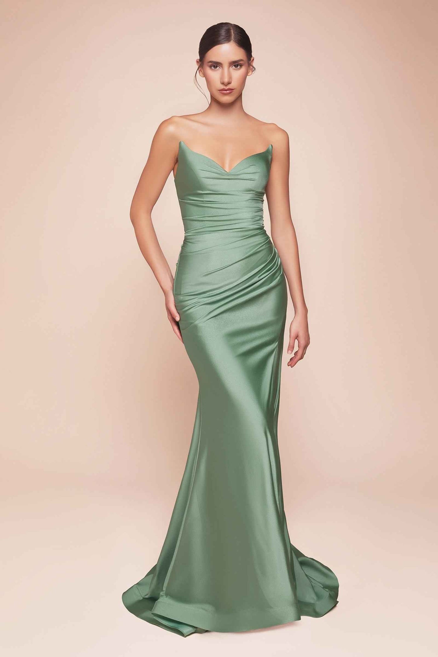 CLEARANCE - Ladivine CD791 Dress Strapless Stretch Satin Fitted Dusty Rose Gown (Size 8) by DiscountDressShop