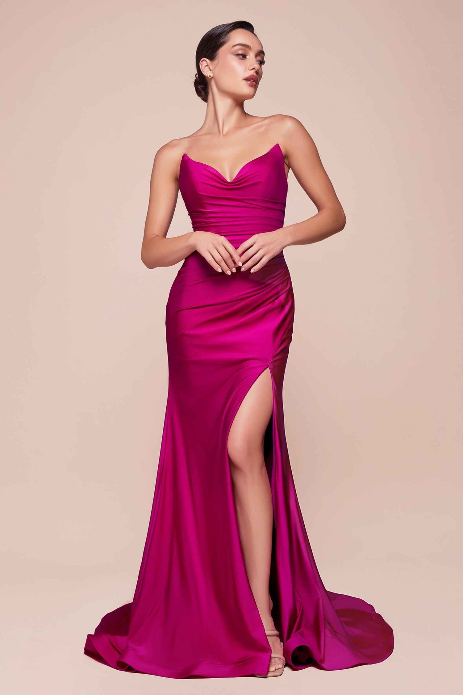 Ladivine CD791 Dress Strapless Stretch Satin Fitted Gown with Slit by DiscountDressShop