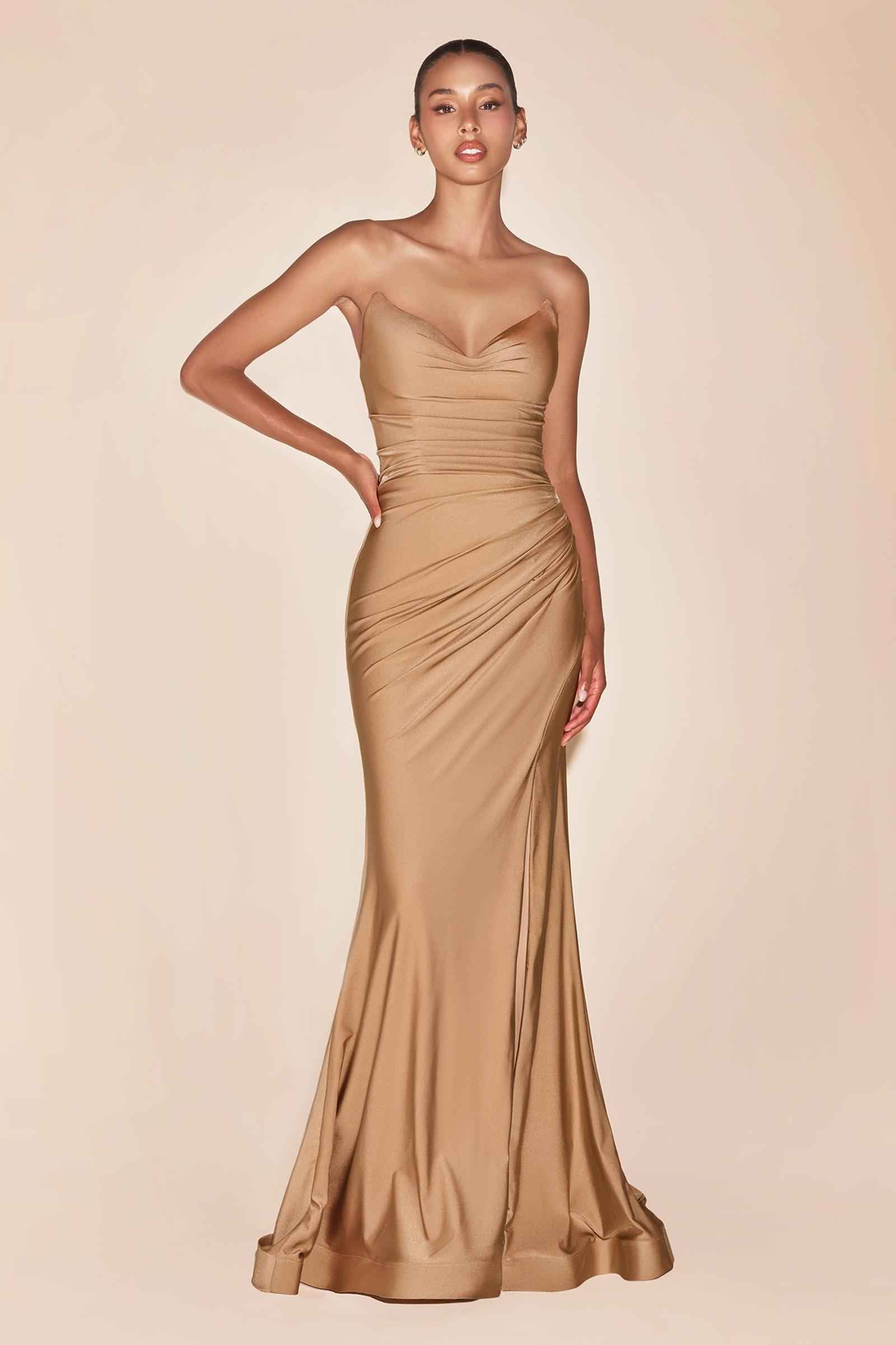 Ladivine CD791 Dress Strapless Stretch Satin Fitted Gown with Slit by DiscountDressShop