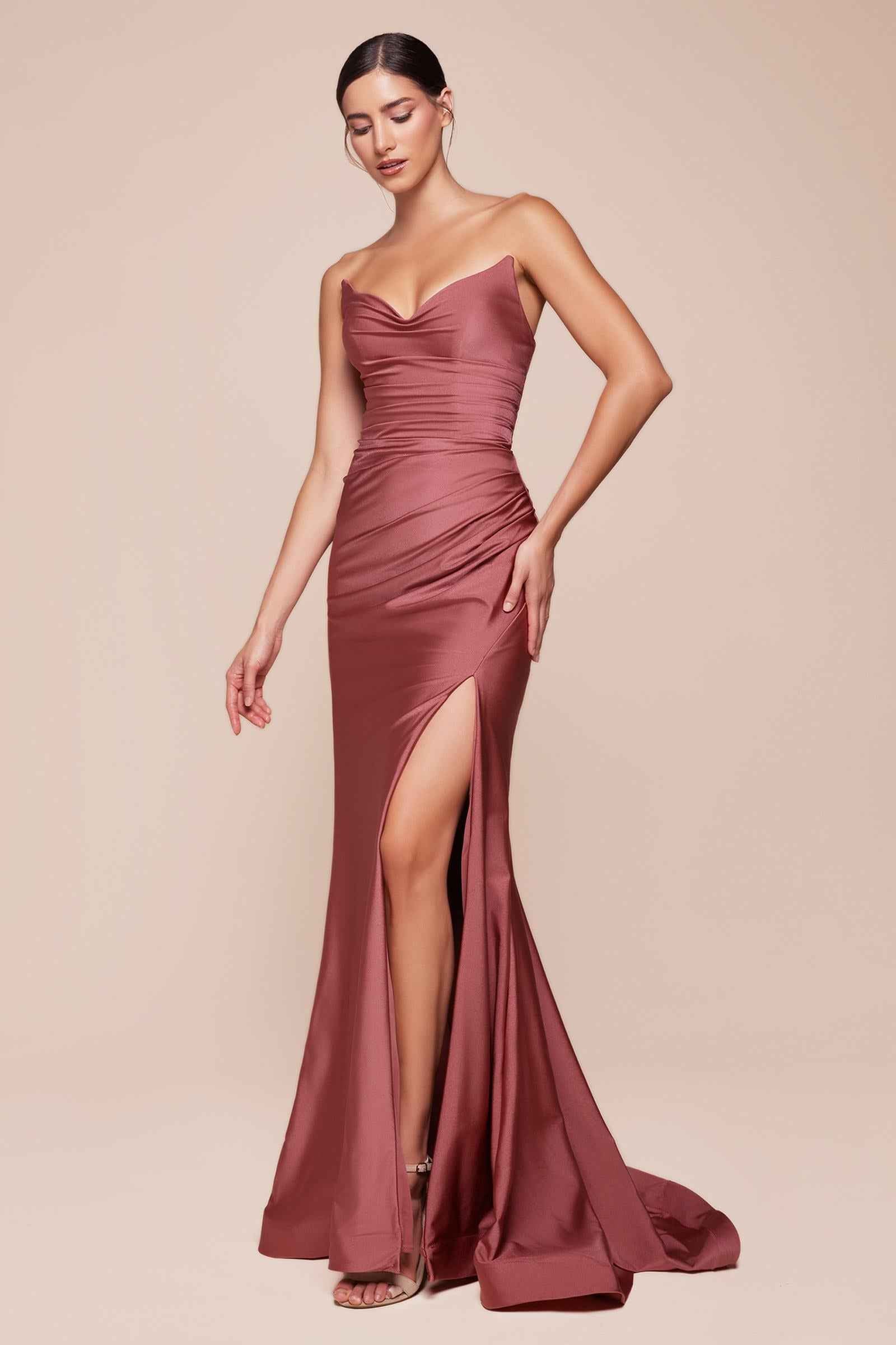 Ladivine CD791 Dress Strapless Stretch Satin Fitted Gown with Slit by DiscountDressShop