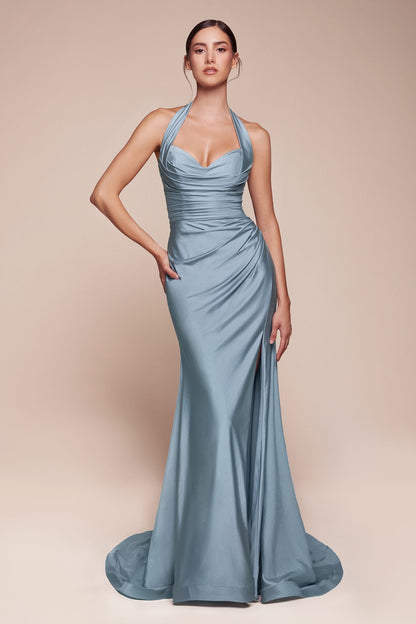 Ladivine CD796C Dress Stretch Satin Halter Fitted Curve Gown by DiscountDressShop