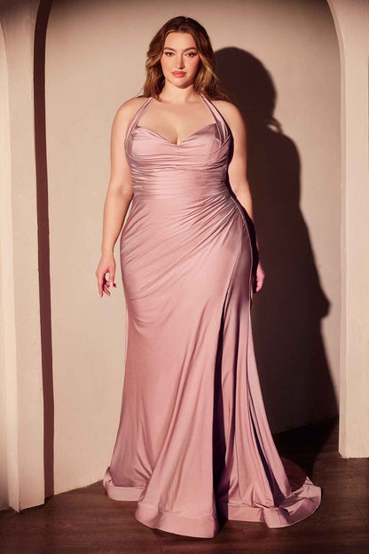 Ladivine CD796C Dress Stretch Satin Halter Fitted Curve Gown by DiscountDressShop