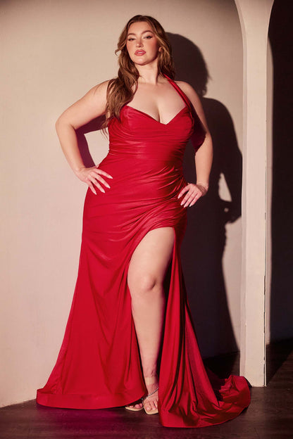 Ladivine CD796C Dress Stretch Satin Halter Fitted Curve Gown by DiscountDressShop