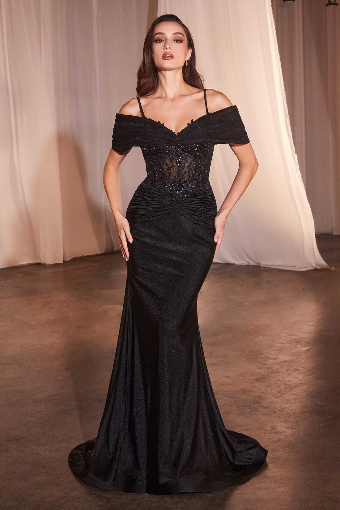 Ladivine CD798 Fitted Satin &amp; Lace Gown With Off The Shoulder Accessory by DiscountDressShop