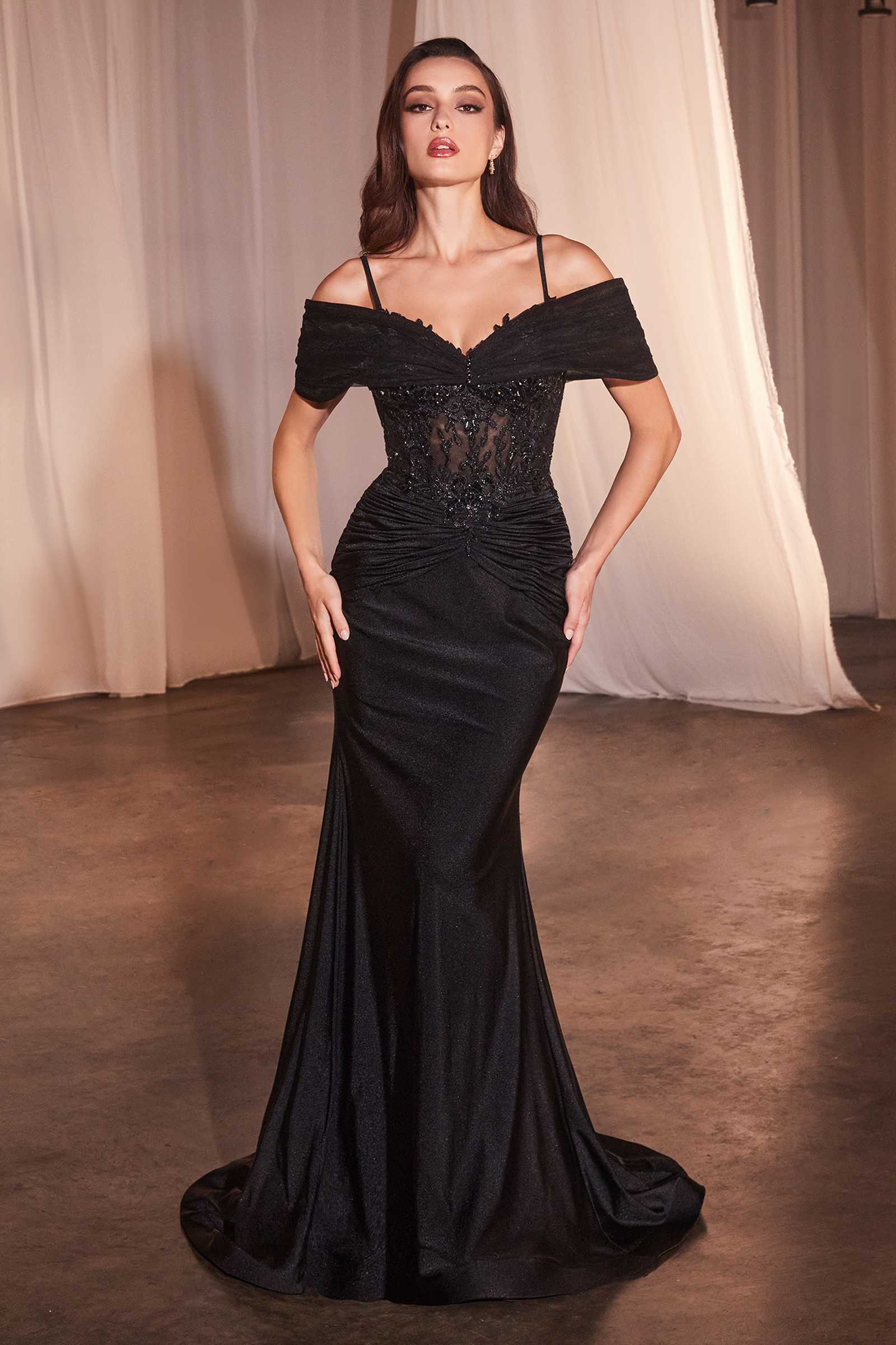 Ladivine CD798 Fitted Satin &amp; Lace Gown With Off The Shoulder Accessory by DiscountDressShop