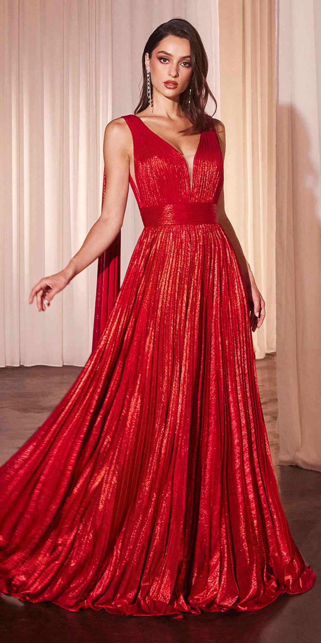 Ladivine CD802 Metallic Pleated A-Line Gown Cape Sash by DiscountDressShop