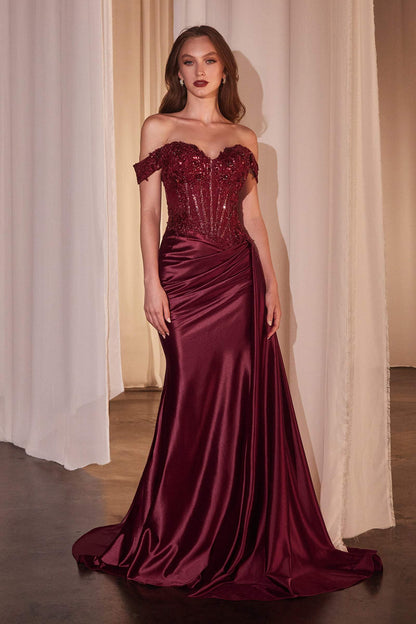CLEARANCE - Ladivine CD803 Off The Shoulder Lace &amp; Satin Fitted Gown (Size 12) by DiscountDressShop