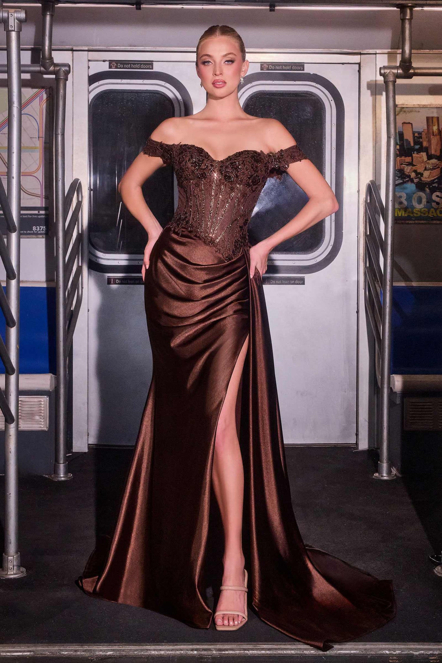 CLEARANCE - Ladivine CD803 Off The Shoulder Lace &amp; Satin Fitted Gown (Size 12) by DiscountDressShop